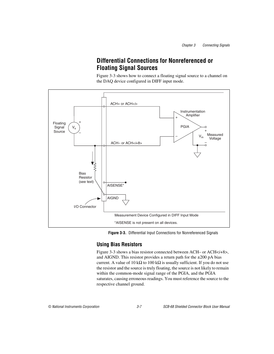 Differential connections for nonreferenced, Or floating signal sources -7, Using bias resistors -7 | Using bias resistors | National Instruments SCB-68 User Manual | Page 35 / 104