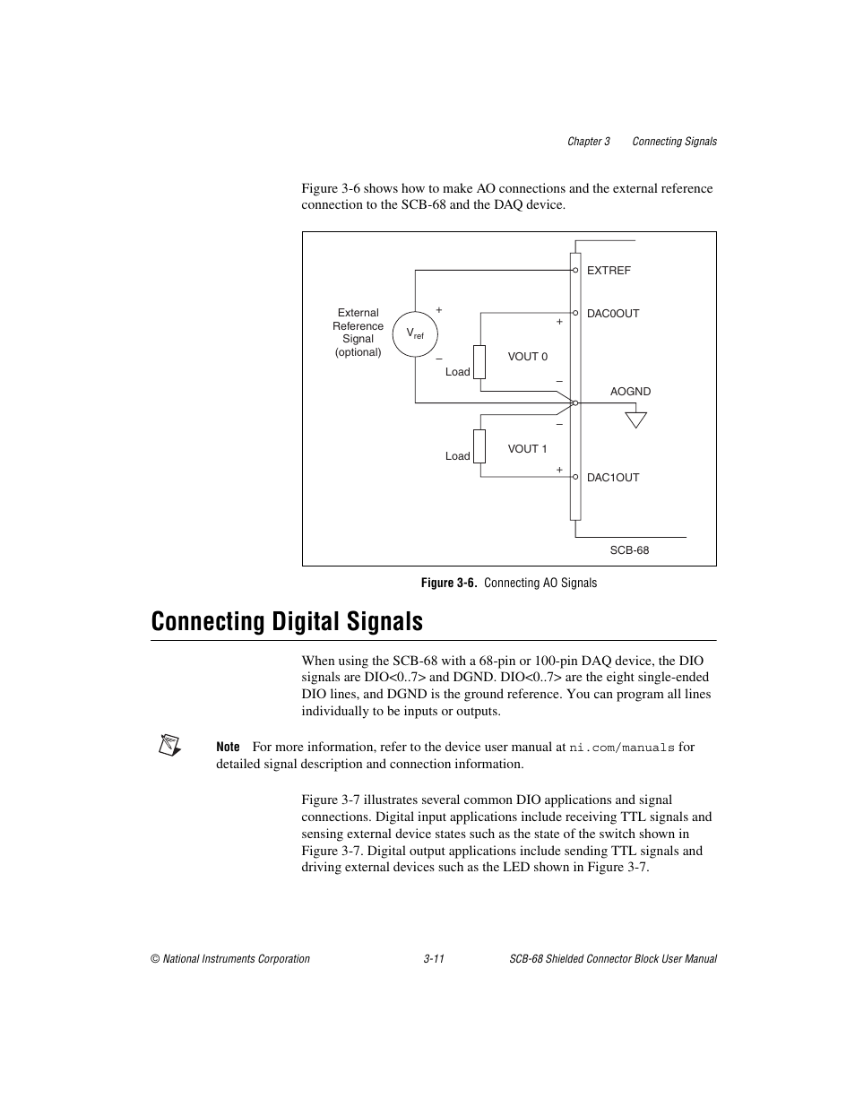 Figure 3-6. connecting ao signals, Connecting digital signals, Connecting digital signals -11 | National Instruments SCB-68 User Manual | Page 39 / 104