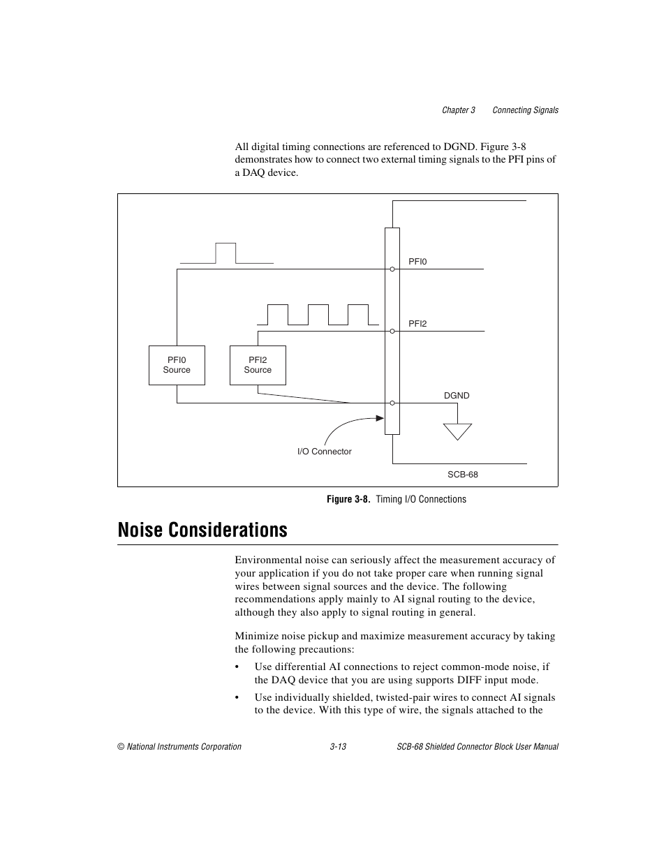 Figure 3-8. timing i/o connections, Noise considerations, Noise considerations -13 | National Instruments SCB-68 User Manual | Page 41 / 104