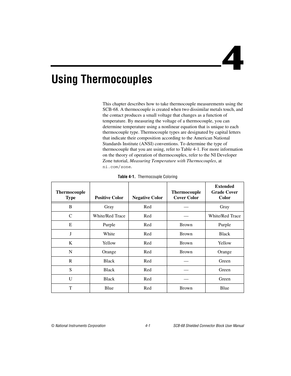 Chapter 4 using thermocouples, Table 4-1. thermocouple coloring, Using thermocouples | National Instruments SCB-68 User Manual | Page 43 / 104