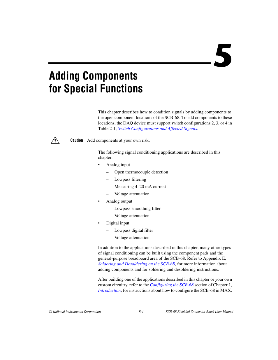 Chapter 5 adding components for special functions, Adding components for special functions, Apter 5 | Adding, Components for special functions | National Instruments SCB-68 User Manual | Page 46 / 104