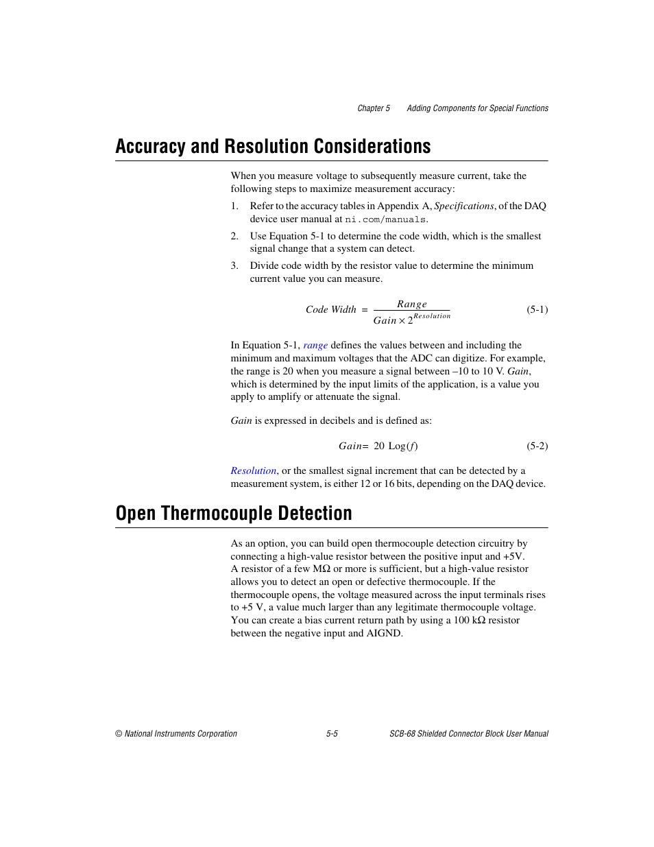 Accuracy and resolution considerations, Open thermocouple detection | National Instruments SCB-68 User Manual | Page 50 / 104