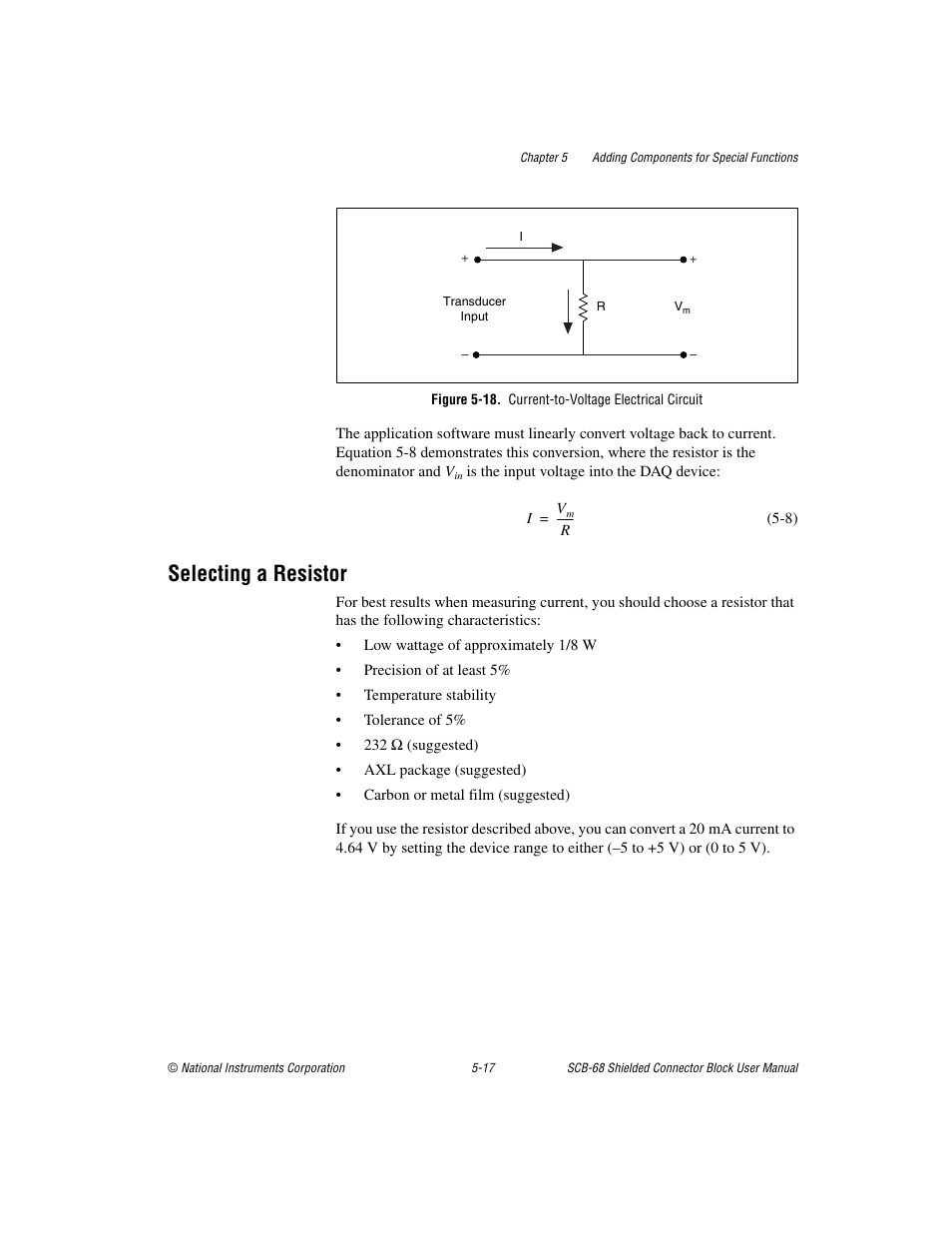 Figure 5-18. current-to-voltage electrical circuit, Selecting a resistor, Selecting a resistor -17 | National Instruments SCB-68 User Manual | Page 62 / 104