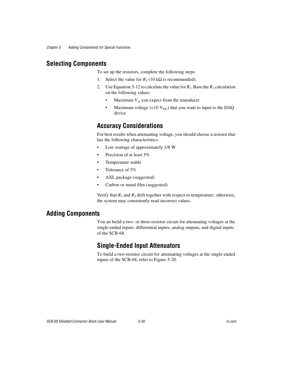 Selecting components, Accuracy considerations, Adding components | Single-ended input attenuators, Selecting components -20, Accuracy considerations -20, Adding components -20, Single-ended input attenuators -20 | National Instruments SCB-68 User Manual | Page 65 / 104