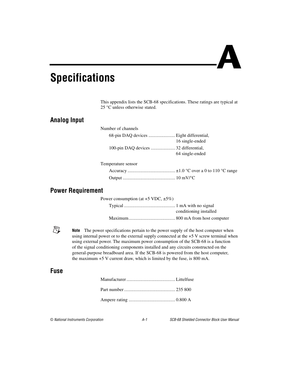 Appendix a specifications, Specifications | National Instruments SCB-68 User Manual | Page 70 / 104