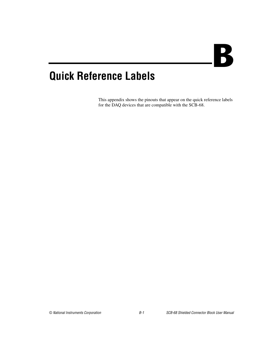 Appendix b quick reference labels, Ndix b, Quick reference labels | National Instruments SCB-68 User Manual | Page 73 / 104