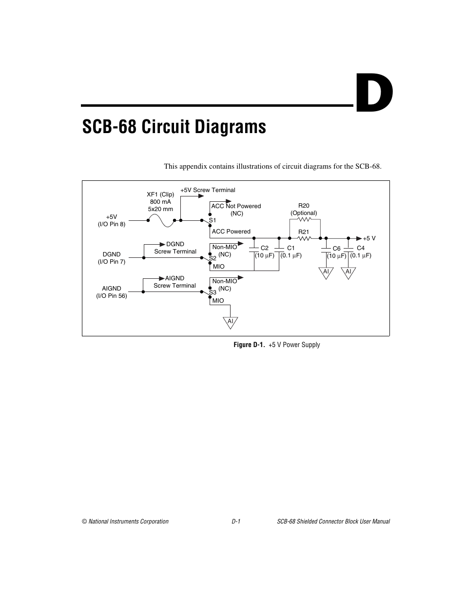 Appendix d scb-68 circuit diagrams, Figure d-1. +5 v power supply, Scb-68 circuit diagrams | National Instruments SCB-68 User Manual | Page 82 / 104
