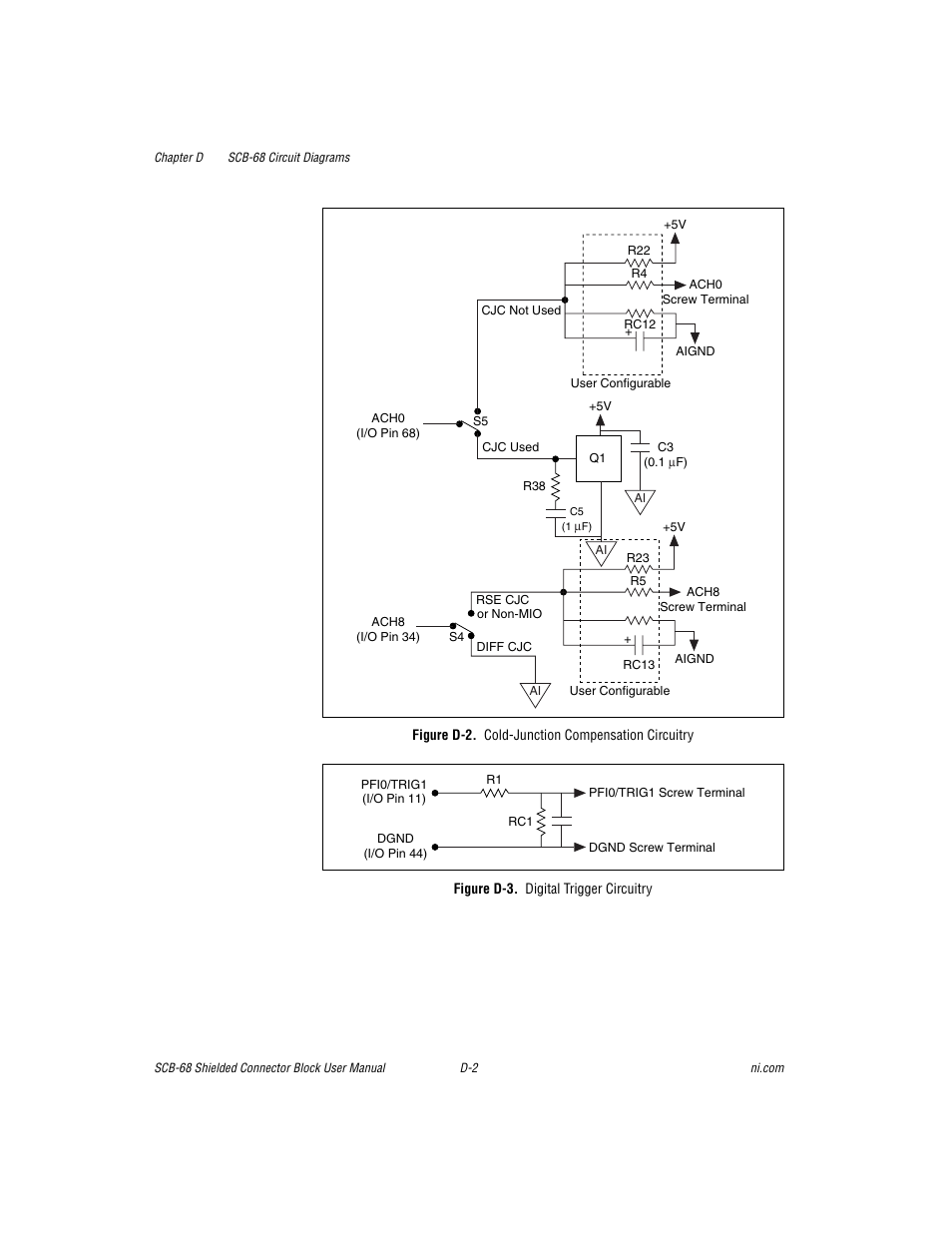 Figure d-2. cold-junction compensation circuitry, Figure d-3. digital trigger circuitry | National Instruments SCB-68 User Manual | Page 83 / 104
