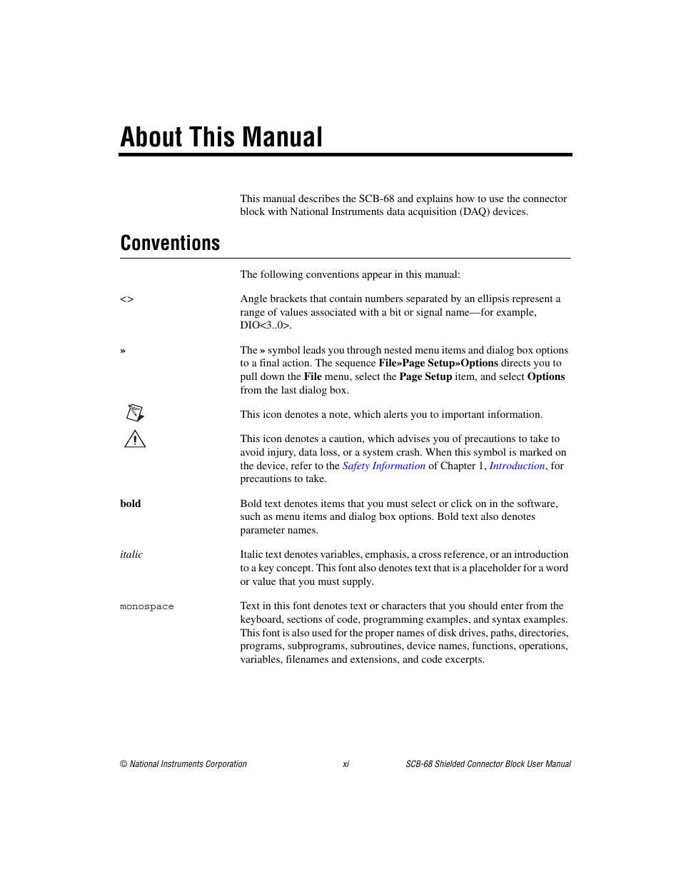 About this manual, Conventions | National Instruments SCB-68 User Manual | Page 9 / 104