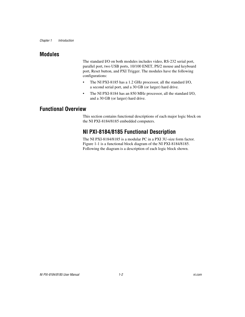 Modules, Functional overview, Ni pxi-8184/8185 functional description | Modules -2 functional overview -2 | National Instruments PXI-8184 User Manual | Page 10 / 72