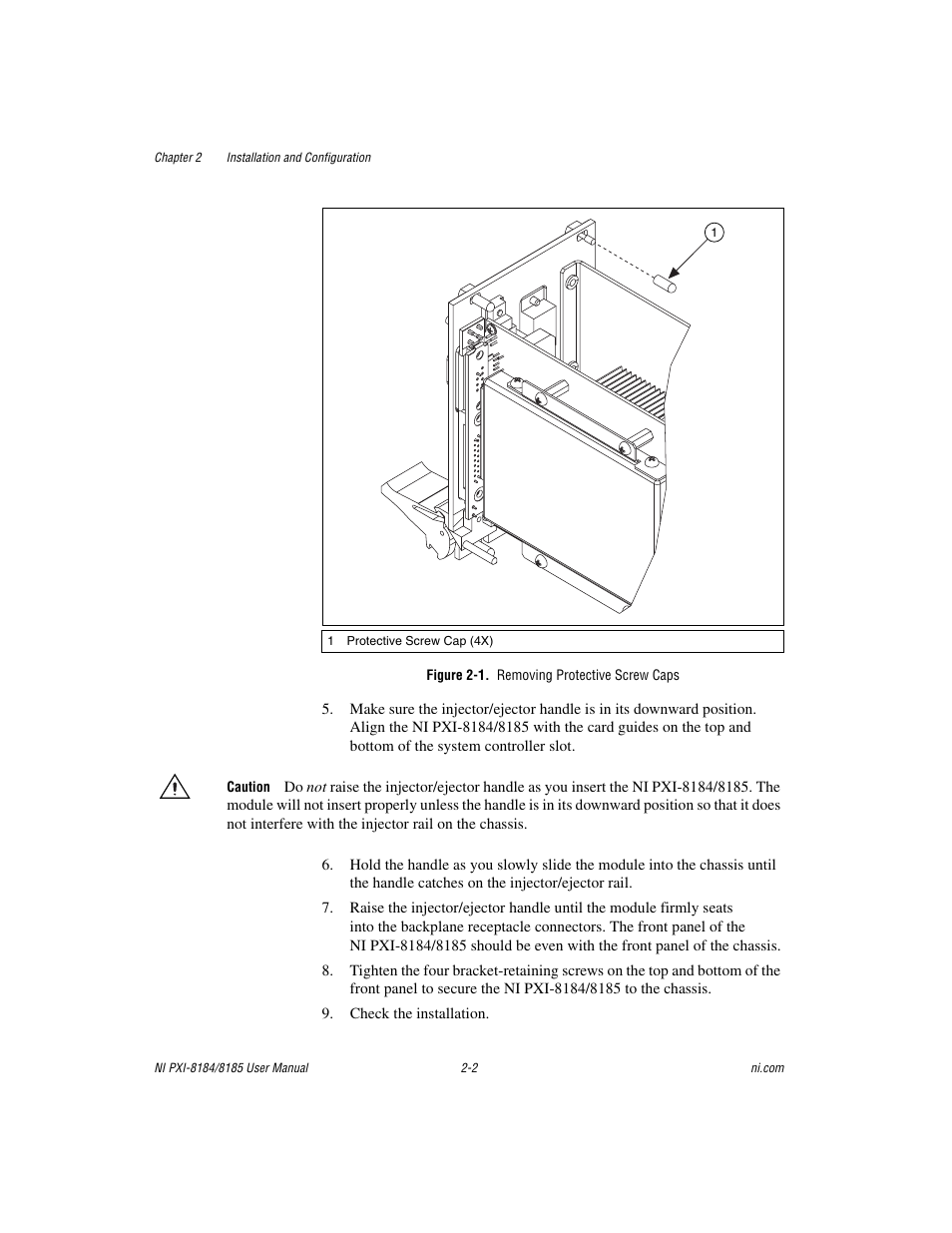 Figure 2-1. removing protective screw caps | National Instruments PXI-8184 User Manual | Page 15 / 72
