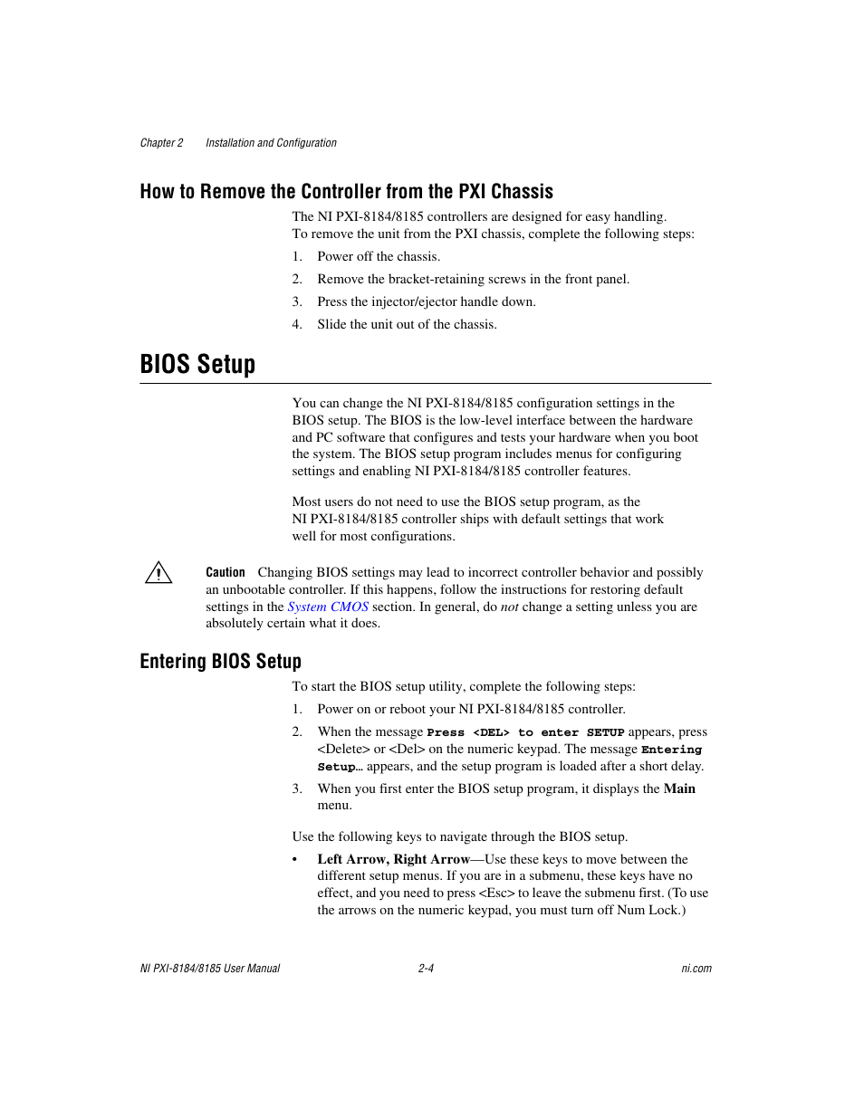 How to remove the controller from the pxi chassis, Bios setup, Entering bios setup | Bios setup -4, Entering bios setup -4 | National Instruments PXI-8184 User Manual | Page 17 / 72
