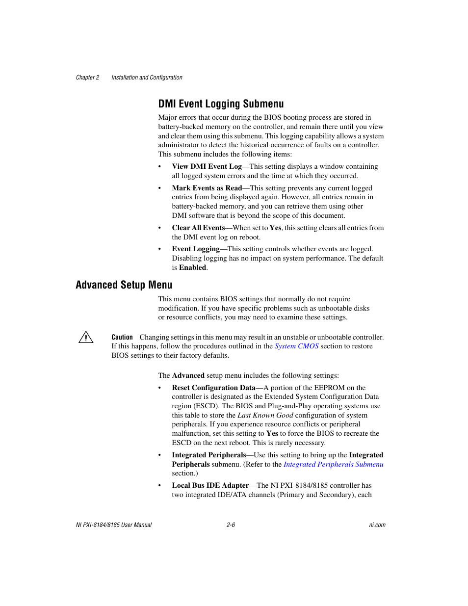 Dmi event logging submenu, Advanced setup menu, Advanced setup menu -6 | National Instruments PXI-8184 User Manual | Page 19 / 72