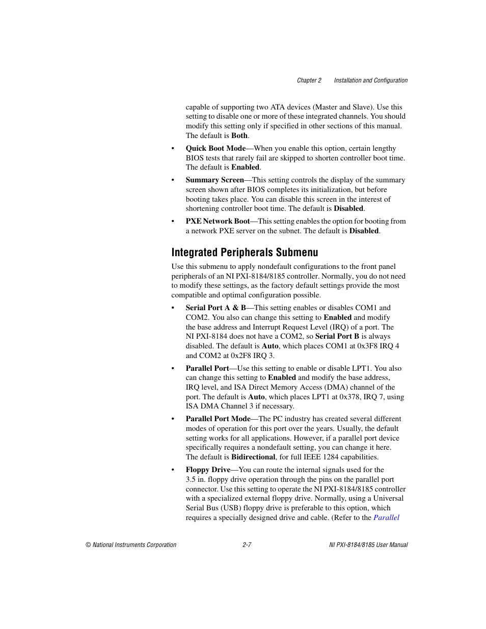 Integrated peripherals submenu | National Instruments PXI-8184 User Manual | Page 20 / 72