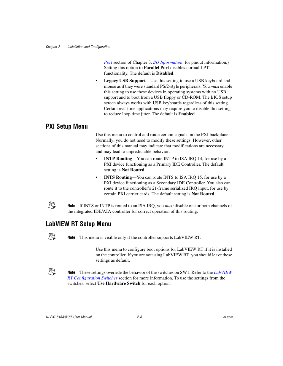 Pxi setup menu, Labview rt setup menu, Pxi setup menu -8 labview rt setup menu -8 | National Instruments PXI-8184 User Manual | Page 21 / 72