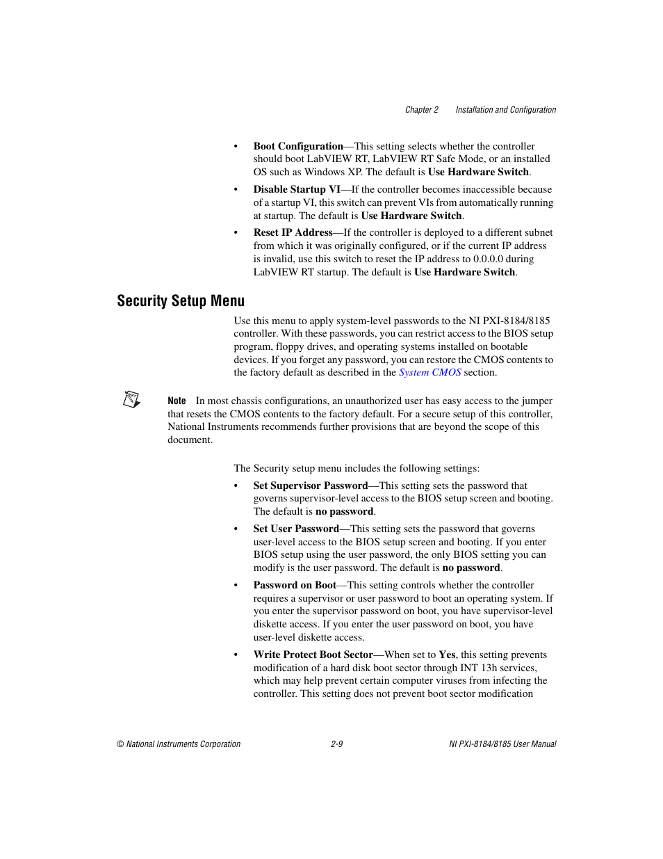 Security setup menu, Security setup menu -9 | National Instruments PXI-8184 User Manual | Page 22 / 72