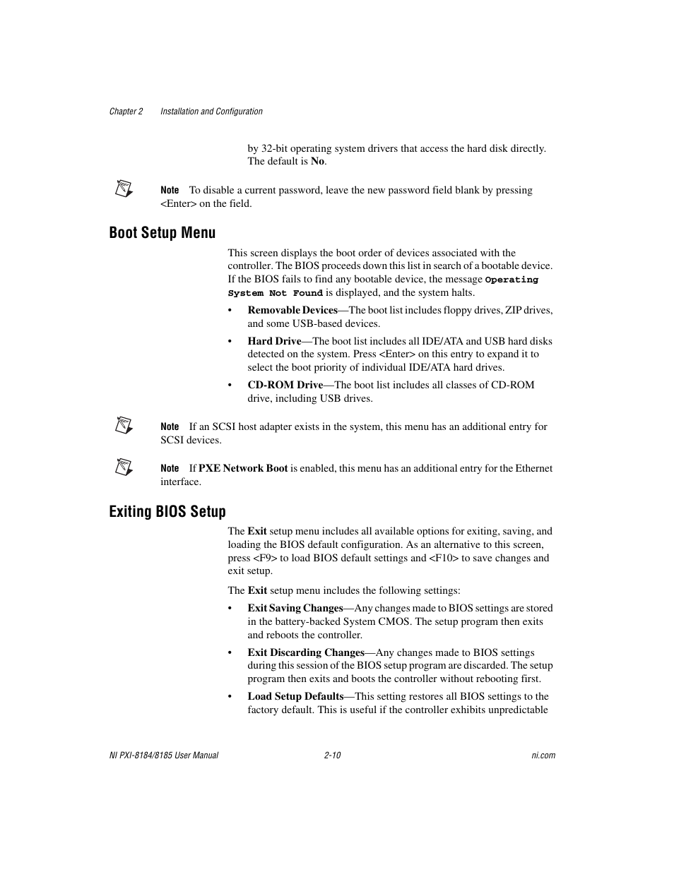 Boot setup menu, Exiting bios setup, Boot setup menu -10 exiting bios setup -10 | National Instruments PXI-8184 User Manual | Page 23 / 72