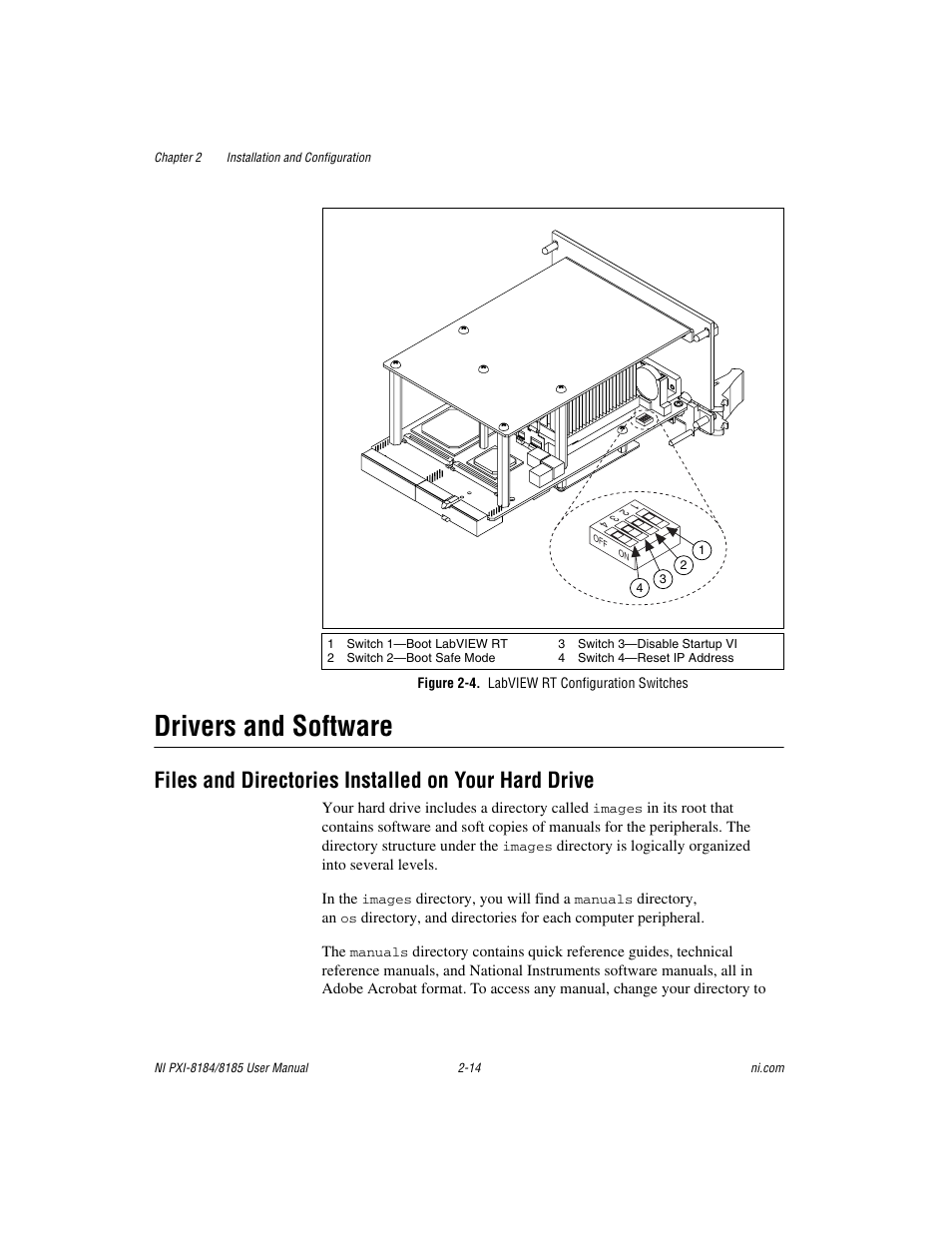 Figure 2-4. labview rt configuration switches, Drivers and software, Files and directories installed on your hard drive | Drivers and software -14 | National Instruments PXI-8184 User Manual | Page 27 / 72