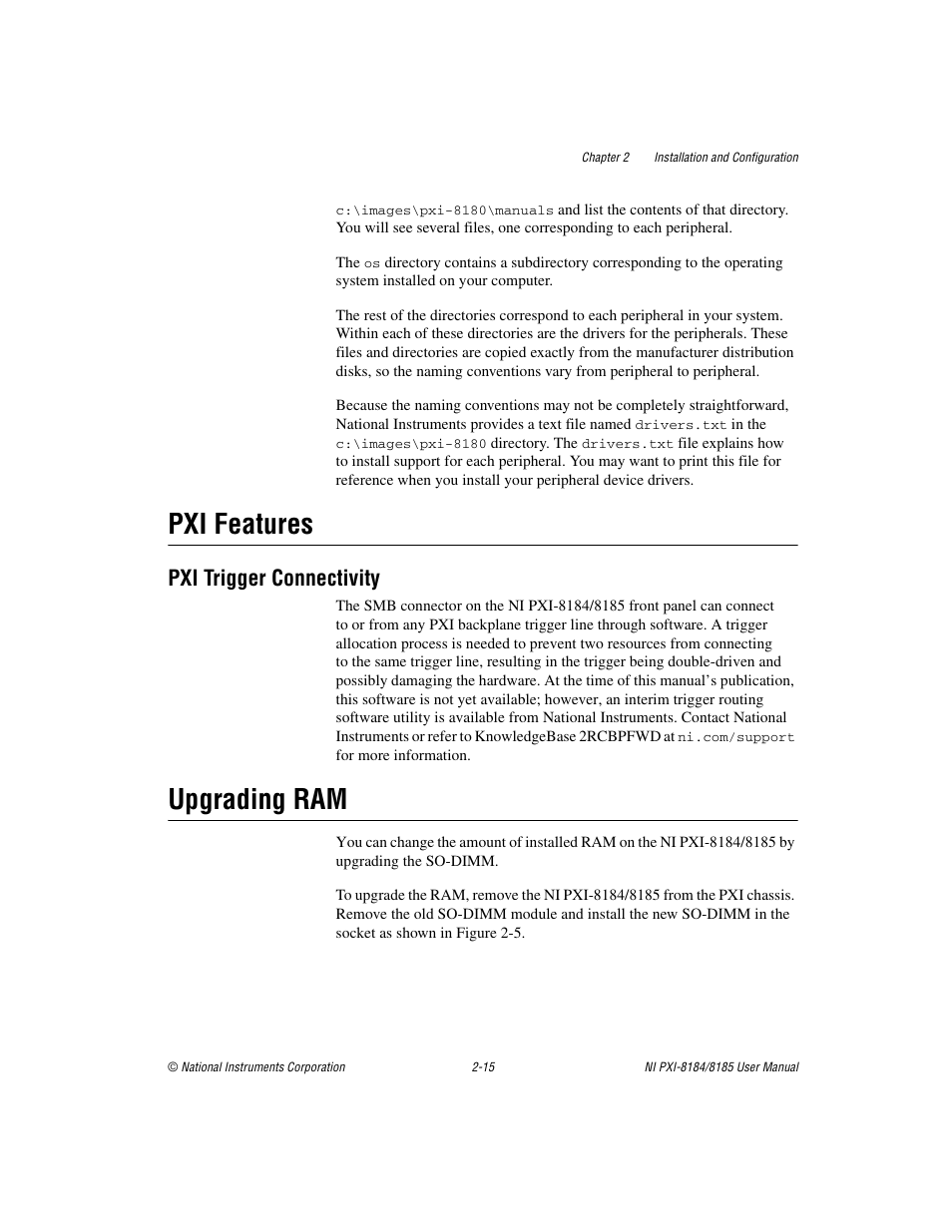 Pxi features, Pxi trigger connectivity, Upgrading ram | Pxi features -15, Pxi trigger connectivity -15, Upgrading ram -15 | National Instruments PXI-8184 User Manual | Page 28 / 72