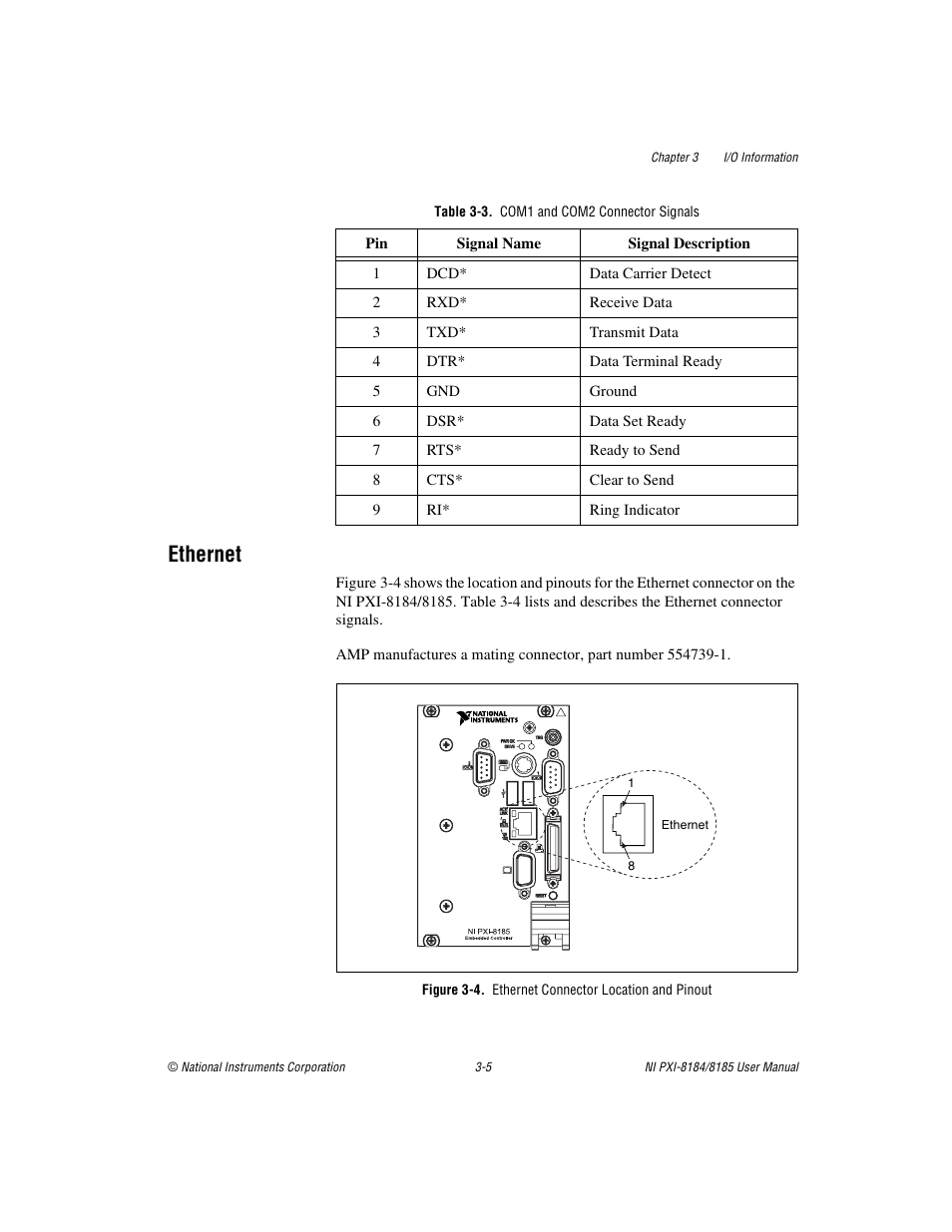 Table 3-3. com1 and com2 connector signals, Ethernet, Figure 3-4. ethernet connector location and pinout | Ethernet -5 | National Instruments PXI-8184 User Manual | Page 36 / 72