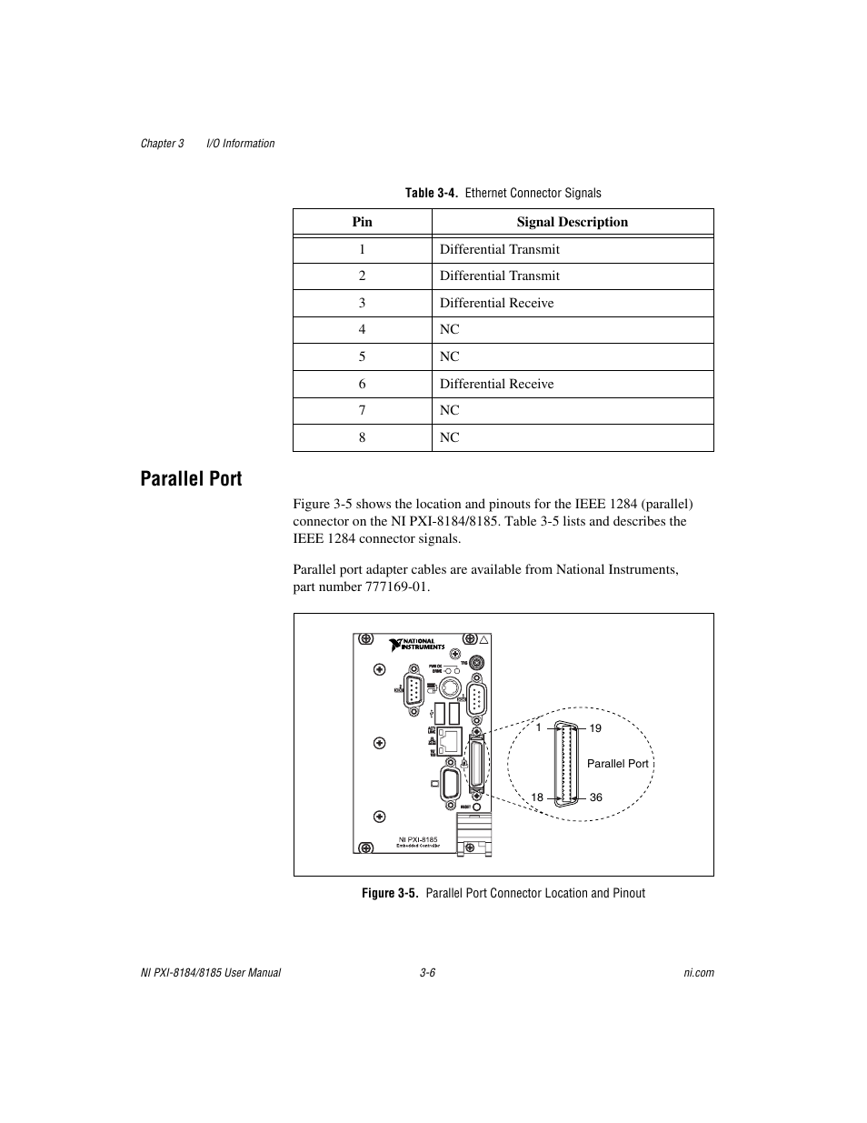 Table 3-4. ethernet connector signals, Parallel port, Parallel port -6 | Port | National Instruments PXI-8184 User Manual | Page 37 / 72