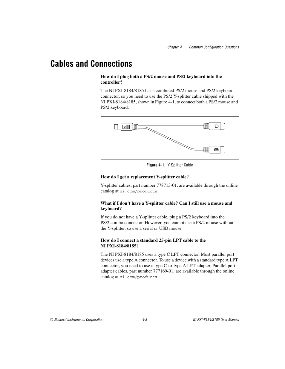 Cables and connections, Figure 4-1. y-splitter cable, Cables and connections -3 | Re 4-1, Y-splitter cable, Gure 4-1 | National Instruments PXI-8184 User Manual | Page 45 / 72