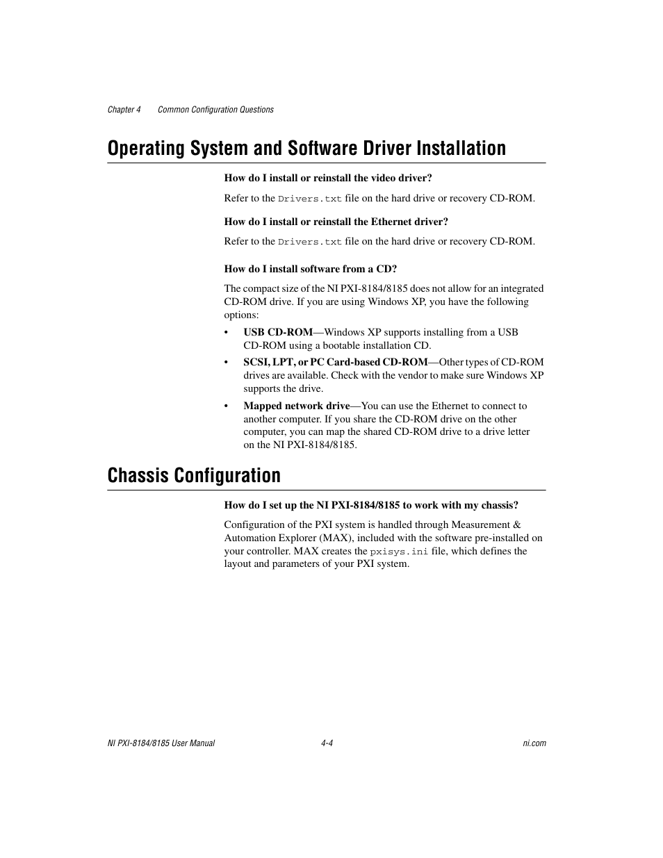 Operating system and software driver installation, Chassis configuration | National Instruments PXI-8184 User Manual | Page 46 / 72