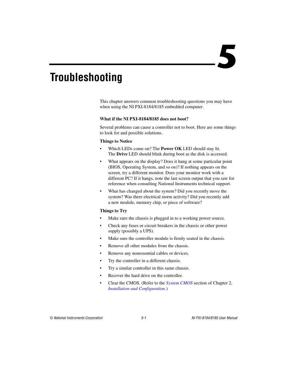 Chapter 5 troubleshooting, What if the ni pxi-8184/8185 does not boot, Sectio | Troubleshooting | National Instruments PXI-8184 User Manual | Page 51 / 72