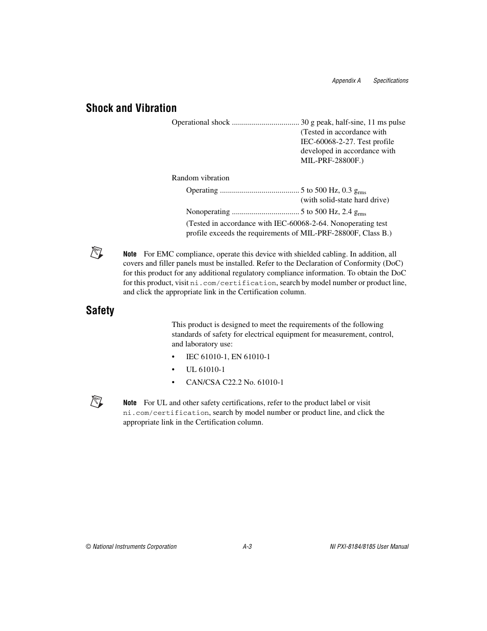 Shock and vibration, Safety | National Instruments PXI-8184 User Manual | Page 55 / 72