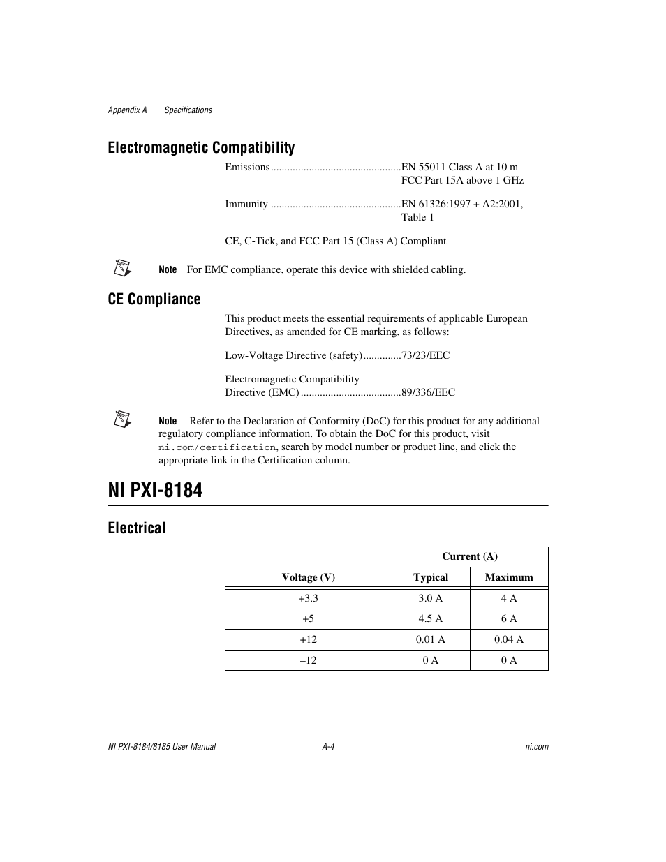 Ni pxi-8184, Electromagnetic compatibility, Ce compliance | Electrical | National Instruments PXI-8184 User Manual | Page 56 / 72