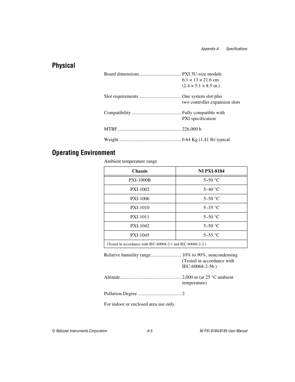 Physical, Operating environment | National Instruments PXI-8184 User Manual | Page 57 / 72