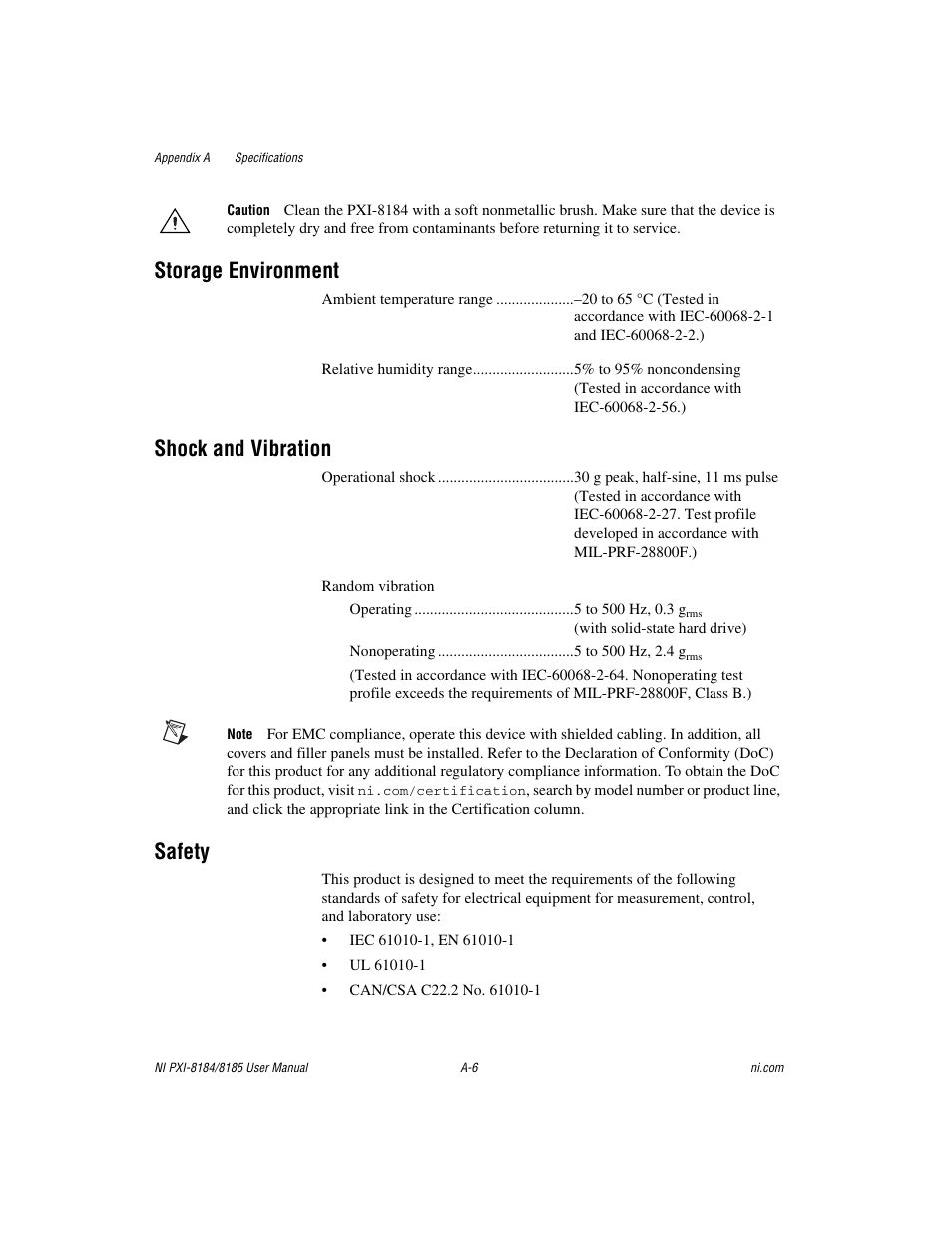 Storage environment, Shock and vibration, Safety | National Instruments PXI-8184 User Manual | Page 58 / 72