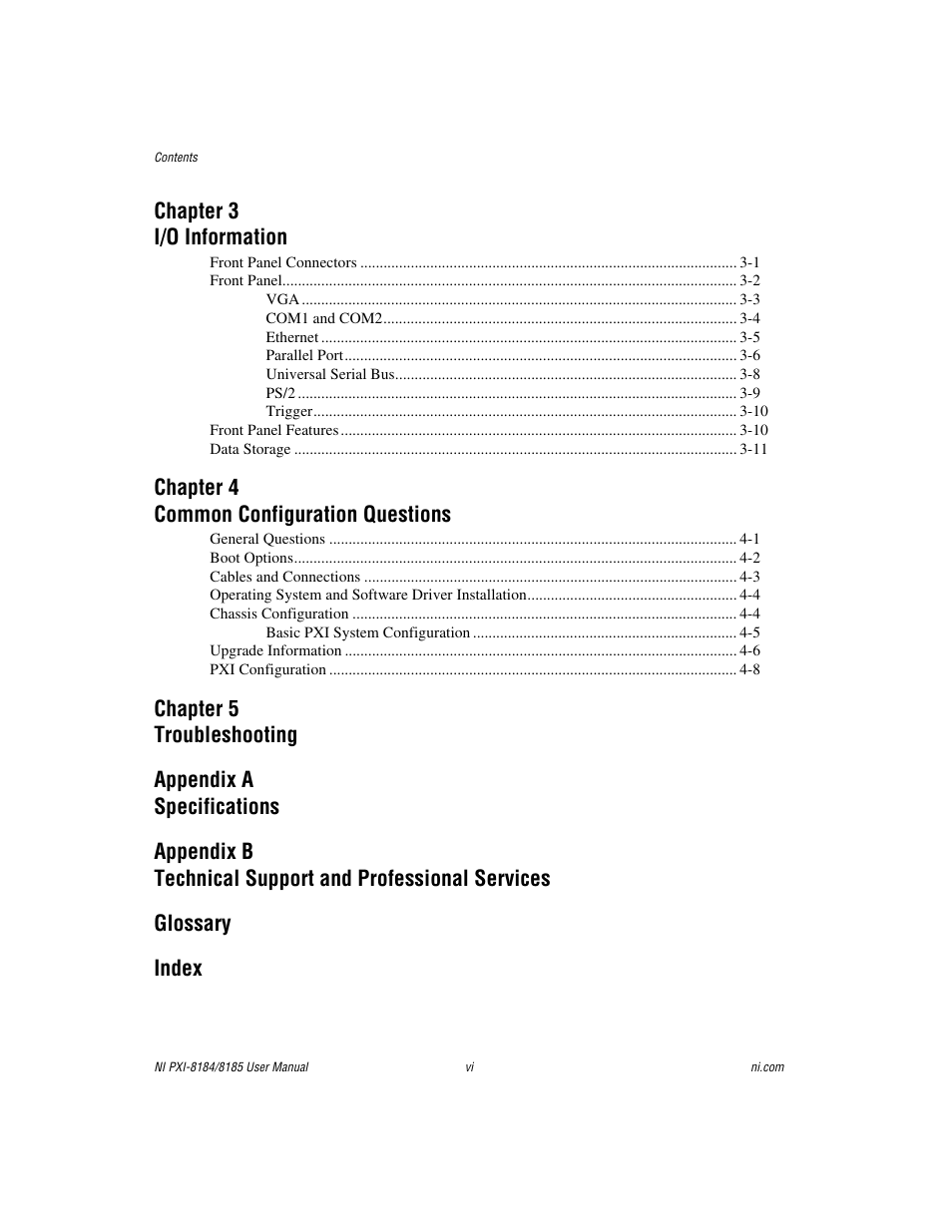 Chapter 3 i/o information, Chapter 4 common configuration questions | National Instruments PXI-8184 User Manual | Page 6 / 72