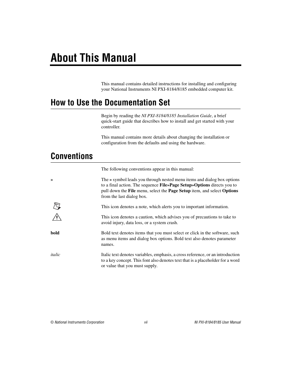 About this manual, How to use the documentation set, Conventions | National Instruments PXI-8184 User Manual | Page 7 / 72