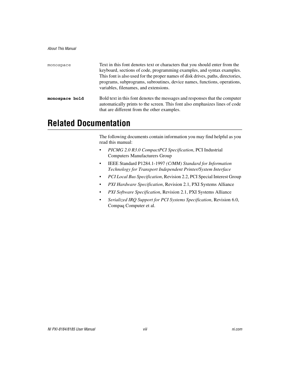 Related documentation | National Instruments PXI-8184 User Manual | Page 8 / 72