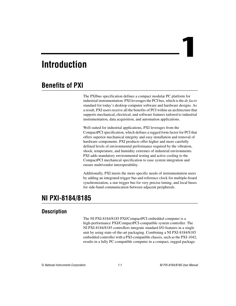 Chapter 1 introduction, Benefits of pxi, Ni pxi-8184/8185 | Description, Benefits of pxi -1 ni pxi-8184/8185 -1, Description -1, Introduction | National Instruments PXI-8184 User Manual | Page 9 / 72
