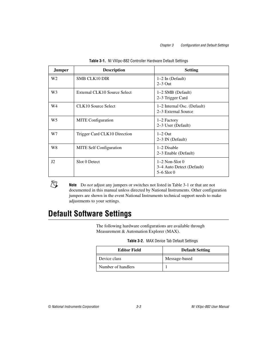 Default software settings, Table 3-2. max device tab default settings, Default software settings -3 | 1 sh, Es 3-2 | National Instruments NI VXIpc-882 User Manual | Page 24 / 106
