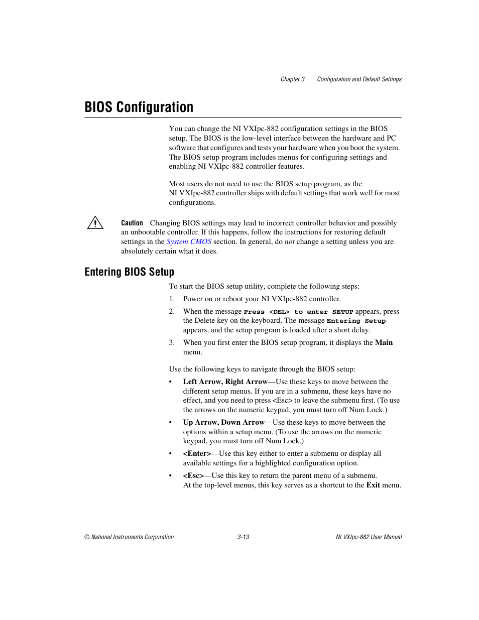 Bios configuration, Entering bios setup, Bios configuration -13 | Entering bios setup -13 | National Instruments NI VXIpc-882 User Manual | Page 34 / 106