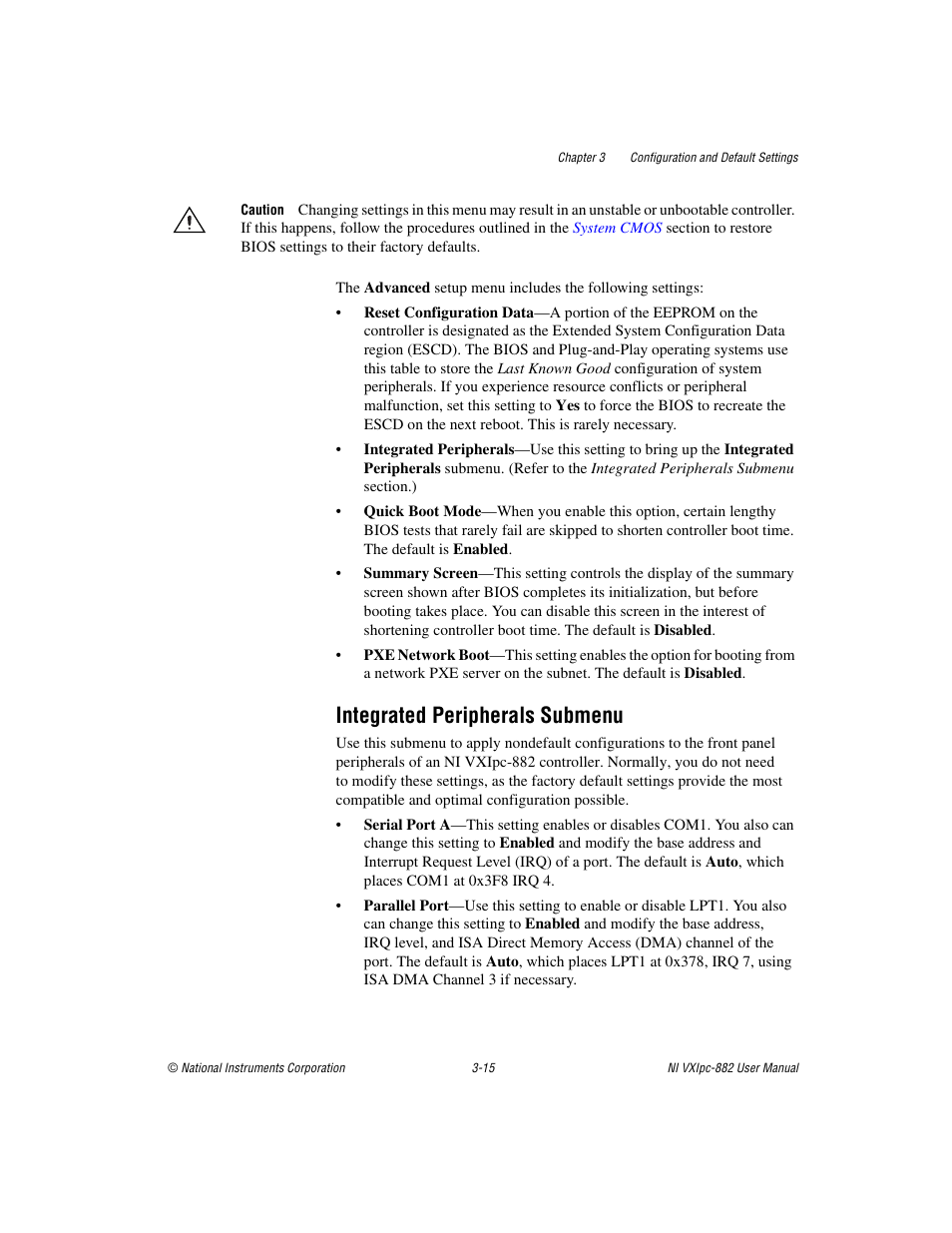 Integrated peripherals submenu, Integrated peripherals submenu -15 | National Instruments NI VXIpc-882 User Manual | Page 36 / 106
