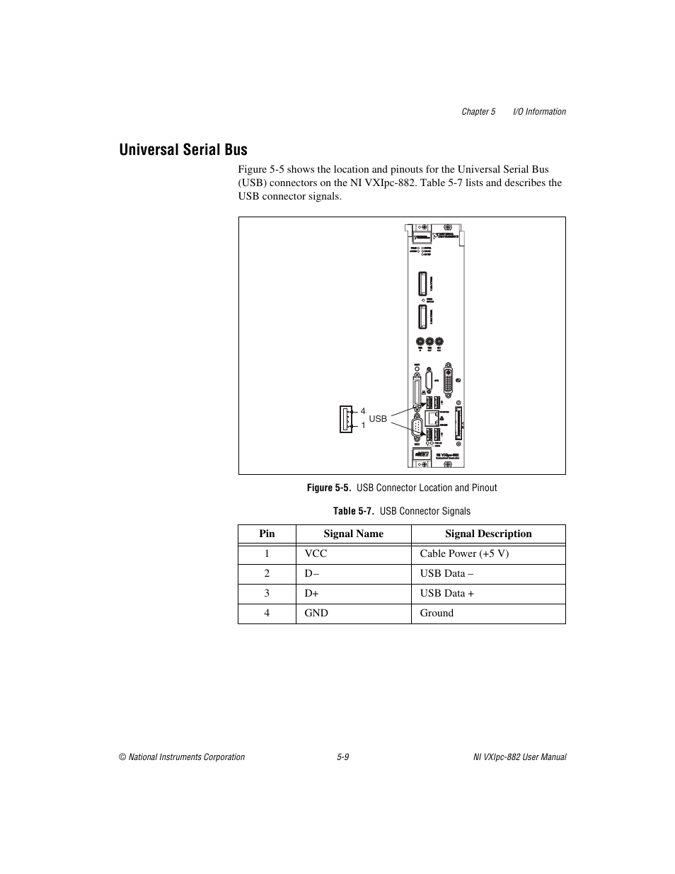 Universal serial bus, Figure 5-5. usb connector location and pinout, Table 5-7. usb connector signals | Universal serial bus -9 | National Instruments NI VXIpc-882 User Manual | Page 67 / 106