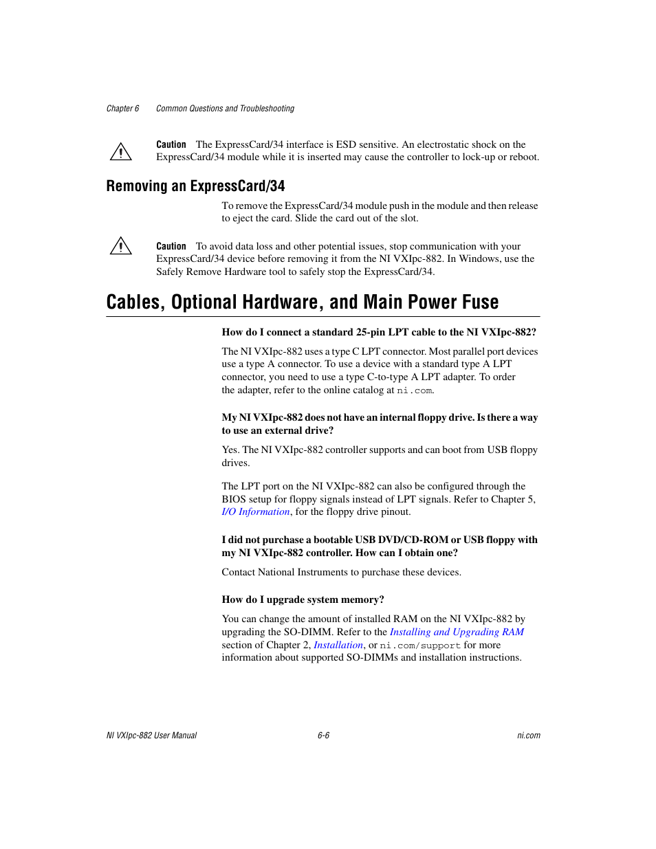Removing an expresscard/34, Cables, optional hardware, and main power fuse, Removing an expresscard/34 -6 | Cables, optional hardware, and main power fuse -6 | National Instruments NI VXIpc-882 User Manual | Page 79 / 106