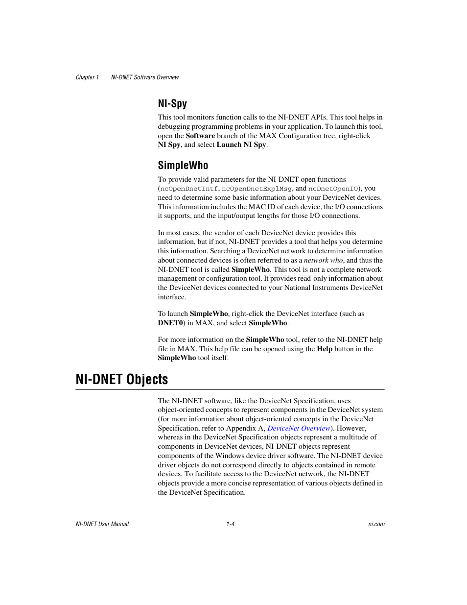 Ni-spy, Simplewho, Ni-dnet objects | Ni-spy -4 simplewho -4, Ni-dnet objects -4 | National Instruments NI-DNET User Manual | Page 13 / 86