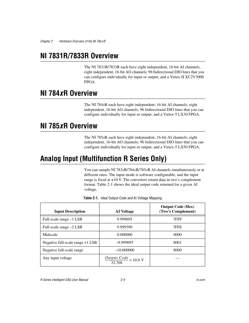 Ni 7831r/7833r overview, Ni 784x r overview, Ni 785x r overview | Analog input (multifunction r series only), Ni 7831r/7833r overview -4 ni 784, Ni 785, Analog input (multifunction r series only) -4, Ni 784 x r overview, Ni 785 x r overview | National Instruments NI 784xR User Manual | Page 25 / 74