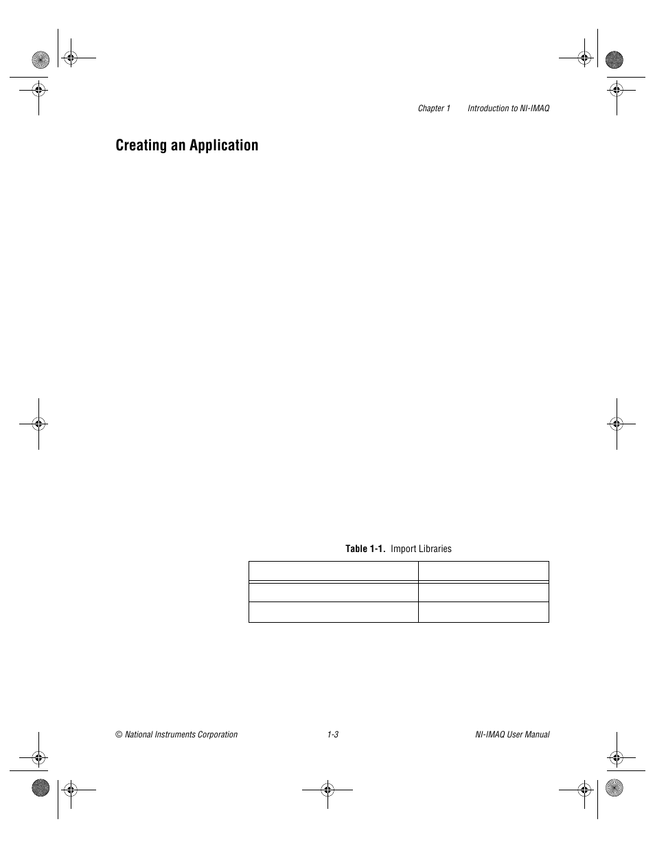 Creating an application, Table 1-1. import libraries, Creating an application -3 | Table 1-1, Import libraries -3 | National Instruments Image Acquisition Software User Manual | Page 12 / 68