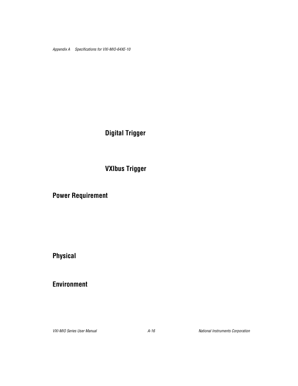 Digital trigger, Vxibus trigger, Power requirement | Physical, Environment | National Instruments VXI-MIO Series User Manual | Page 110 / 151
