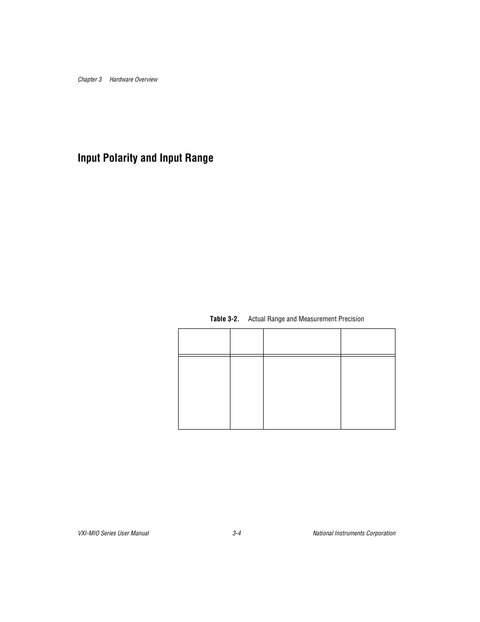 Input polarity and input range, Table 3-2. actual range and measurement precision, Input polarity and input range -4 | Table 3-2, Actual range and measurement precision -4 | National Instruments VXI-MIO Series User Manual | Page 33 / 151