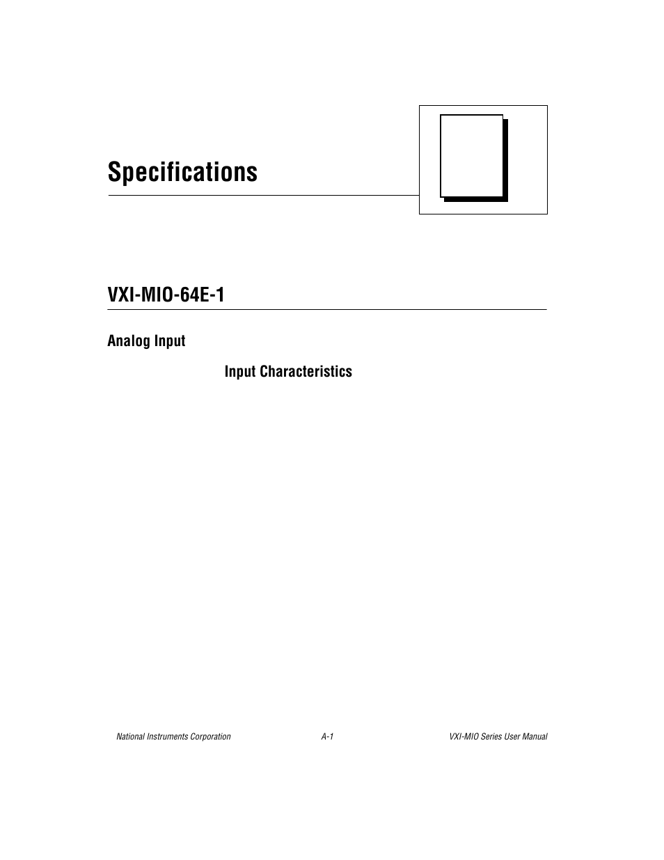 Appendix a specifications, Vxi-mio-64e-1, Analog input | Specifications | National Instruments VXI-MIO Series User Manual | Page 95 / 151
