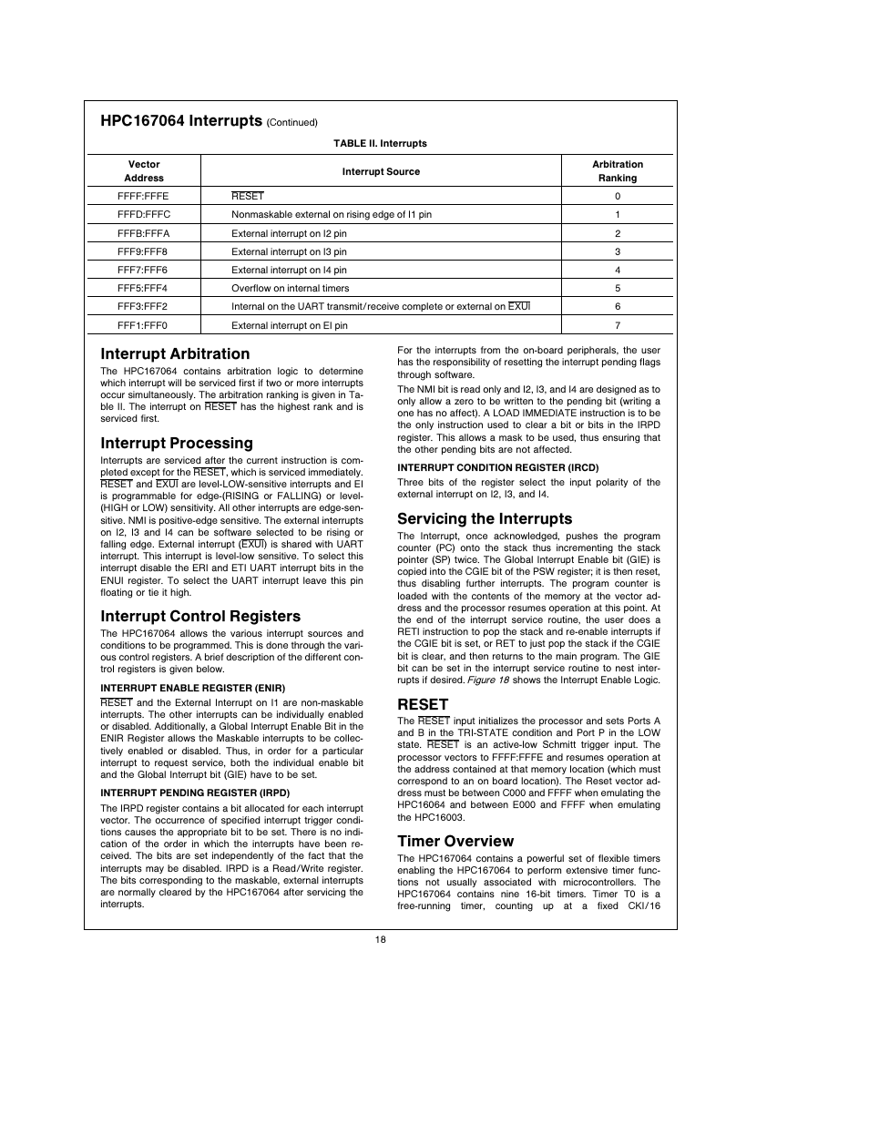 Interrupt arbitration, Interrupt processing, Interrupt control registers | Servicing the interrupts, Reset, Timer overview | National Instruments HPC167064 User Manual | Page 18 / 34