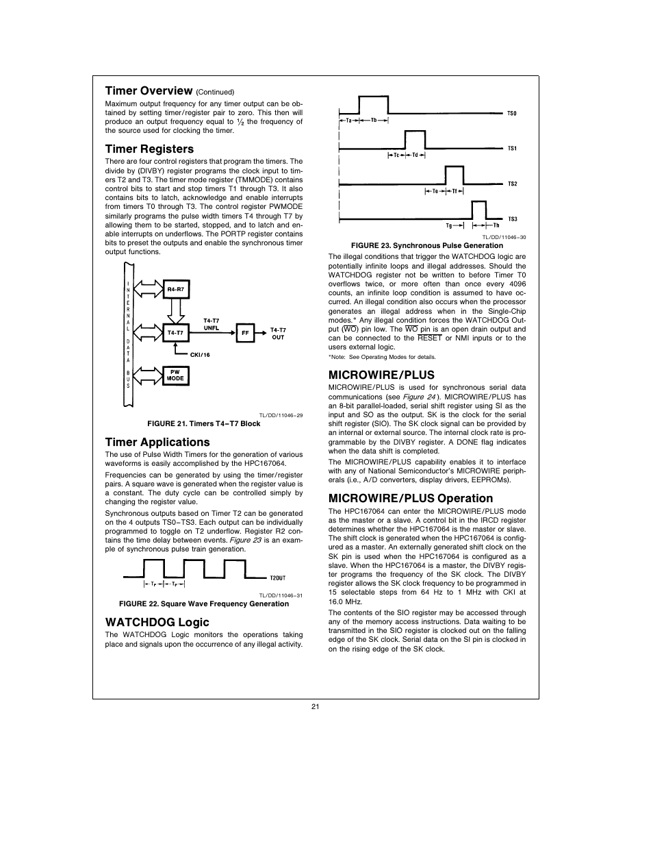 Timer overview, Timer registers, Timer applications | Watchdog logic, Microwire plus, Microwire plus operation | National Instruments HPC167064 User Manual | Page 21 / 34