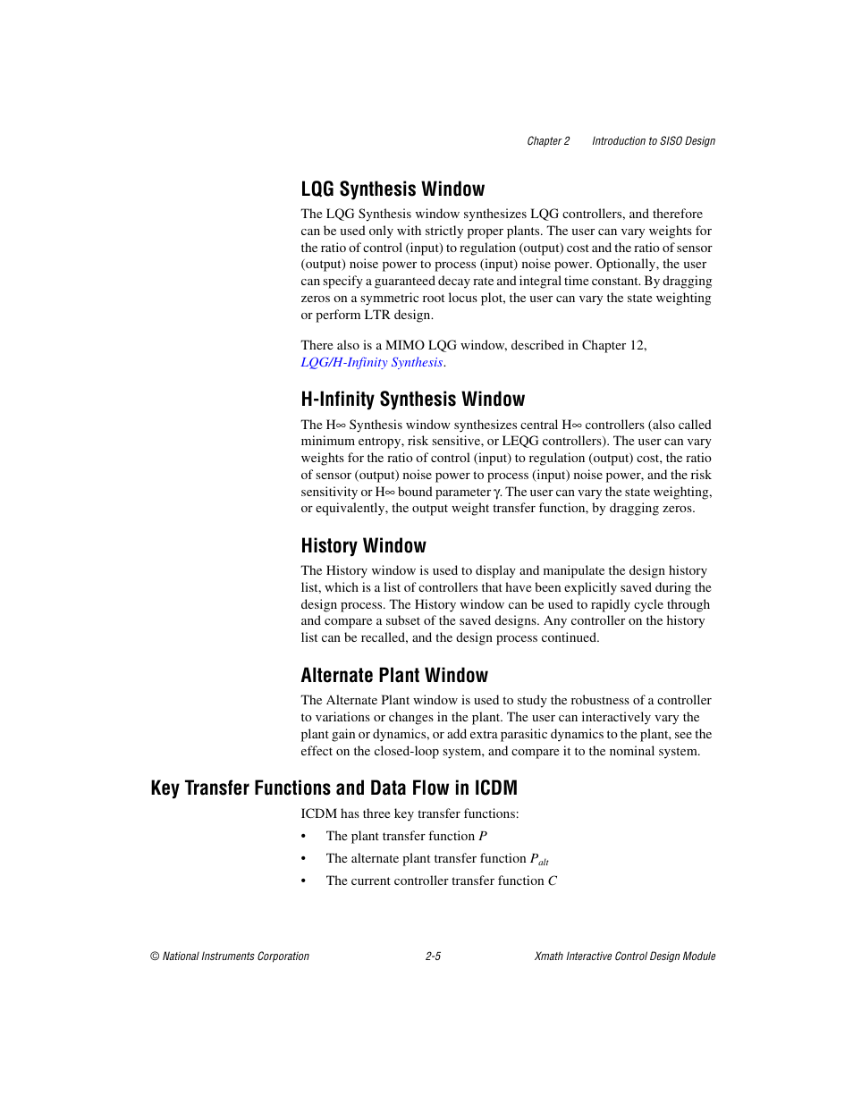 Lqg synthesis window, H-infinity synthesis window, History window | Alternate plant window, Key transfer functions and data flow in icdm, Key transfer functions and data flow in icdm -5 | National Instruments Xmath Interactive Control Design Module ICDM User Manual | Page 20 / 129